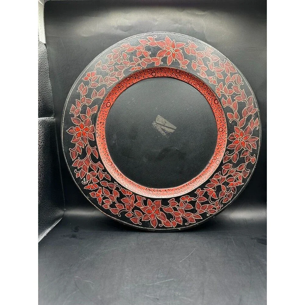 Pier 1 Large Round 13 inch 3 Decorative Wooden Charger Plates Red Black Floral
